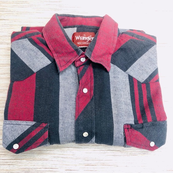 Vintage Wrangler Western Shirt Red Black Gray Stripe - Picture 11 of 16